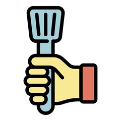 Cooking tool in hand icon. Outline cooking tool in hand vector icon color flat isolated