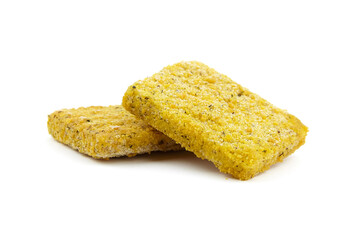 Frozen breaded fish fillets isolated on white