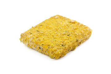 Frozen breaded fish fillet isolated on white