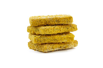 Frozen breaded fish fillets isolated on white