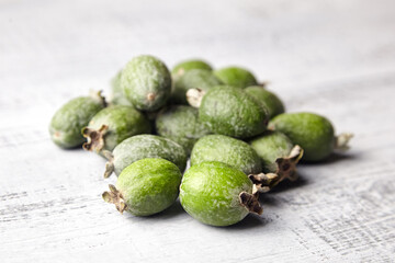 Feijoa fruits or pineapple guava on wooden table