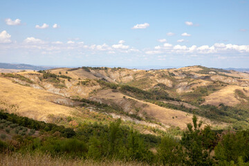 Val d' Orcia (SI), Italy - August 05, 2021: Typical landscape in val d' Orcia, Tuscany, Italy