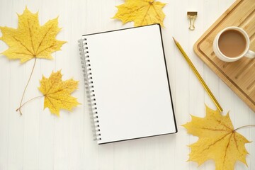 Blank spiral notebook, planner, diary, journal mockup, autumn flat lay composition with yellow...