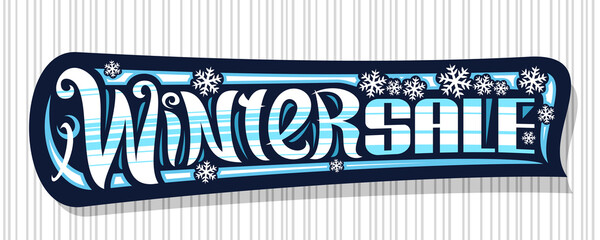 Vector banner for Winter Sale, dark decorative sign board with illustration of flying snow flakes, advertising concept with unique brush lettering for words winter sale on gray striped background.