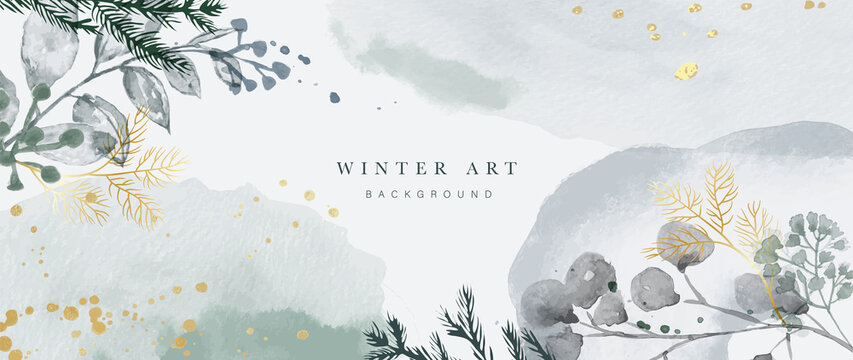 Winter background vector. Hand painted watercolor and gold brush texture, Flower and botanical leaves hand drawing. Abstract art design for wallpaper, wall arts, cover, wedding and  invite card. 