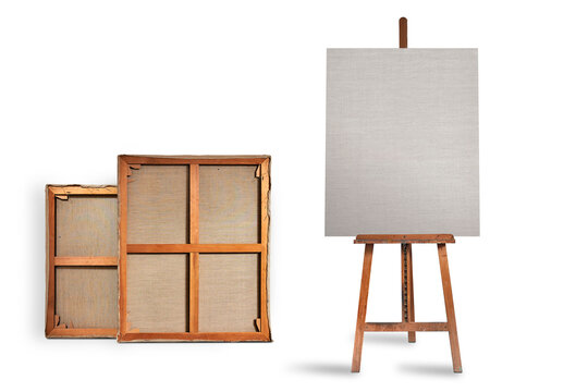 Authentic wooden easel with vertical format of canvas.