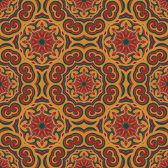 Vector seamless background with flowers. Round pattern. Endless colorful texture with doodle elements. Use for wallpaper, textile, book cover, clothes. In yellow and red colors
