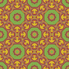 Vector seamless background with flowers. Round pattern. Endless colorful texture with doodle elements. Use for wallpaper, textile, book cover, clothes. In yellow in green colors
