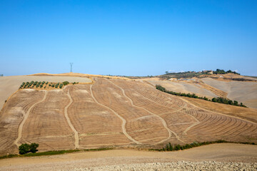 Val d' Orcia (SI), Italy - August 05, 2021: Typical landscape in val d' Orcia, Tuscany, Italy