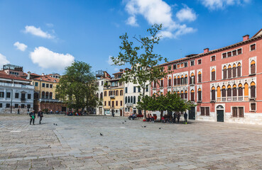 View of Piazza San Polo in Venice with Palazzo Soranzo. Italy
