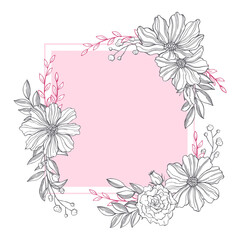 Floral wedding background  with hand drawn flowers and leaves. Vector sketch  illustration.