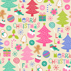 Colorful pine tree and christmas elements seamless pattern.