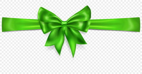 Beautiful green bow with horizontal ribbon with shadow, isolated on transparent background. Transparency only in vector format