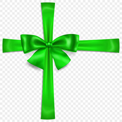 Beautiful green bow with crosswise ribbons with shadow, isolated on transparent background. Transparency only in vector format