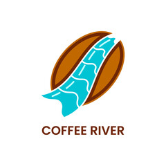 coffee and river logo concept. combination, simple, fresh, clean and flat style. brown, blue and white. suitable for logo, icon, symbol or sign. such as food and drink logo