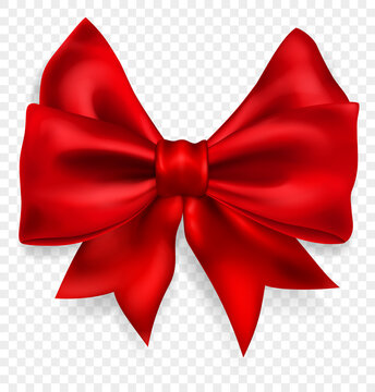 Beautiful big bow made of red ribbon with shadow, isolated on transparent background. Transparency only in vector format