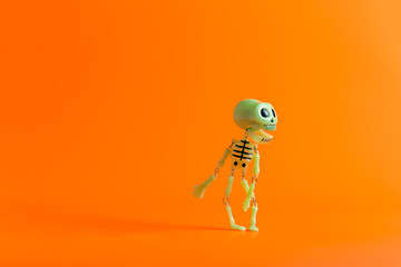 Cheerful toy skeleton dancing on orange background with copy space. Halloween party concept - 463839989