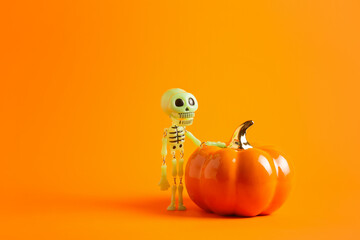 Cheerful toy skeleton with big pumpkin on orange background with copy space.
