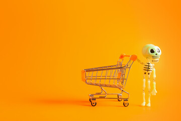 Cheerful toy skeleton with shopping cart on orange background with copy space.