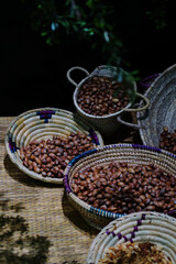 Fototapeta na wymiar Argan nuts in the traditional bowls