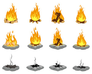 Creative colorful wood campfire flat illustration set. Outdoor bonfire, fire burning wooden logs and camping stone fireplace. Firewood flames, burn campfire or bonfire flame fireplace.