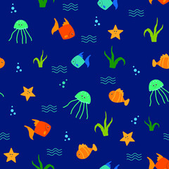Naklejka na ściany i meble seamless pattern with fishes and sea weeds in blue