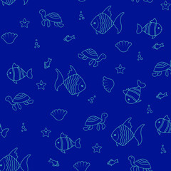 seamless pattern with fish in blue backdrop