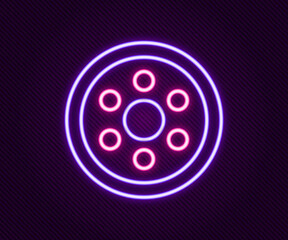 Glowing neon line Alloy wheel for a car icon isolated on black background. Colorful outline concept. Vector