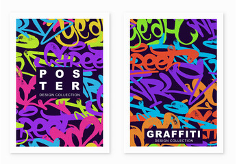 multicolored graffiti poster  background with spray letters, bright colored banner lettering tags in the style of graffiti street art. Vector illustration template set