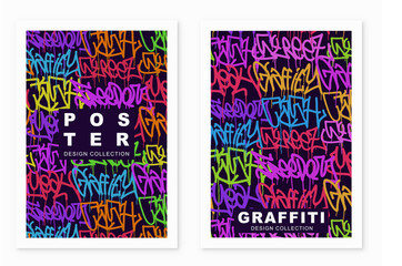 multicolored graffiti poster  background with letters, bright colored banner lettering tags in the style of graffiti street art. Vector illustration template set