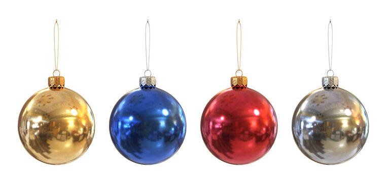 A set of Christmas balls of different colors on white background, 3d render