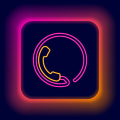 Glowing neon line Telephone 24 hours support icon isolated on black background. All-day customer support call-center. Full time call services. Colorful outline concept. Vector