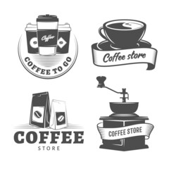 Coffee store logos with packages, coffee grinder, cups and beans. Accessories for brewing. Vintage badges for cafe or shop