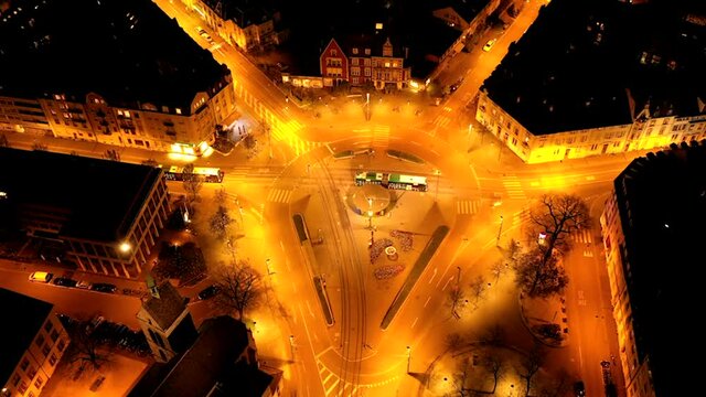 Timelapse by aerial of Wettsteinplatz, Basel during night traffic