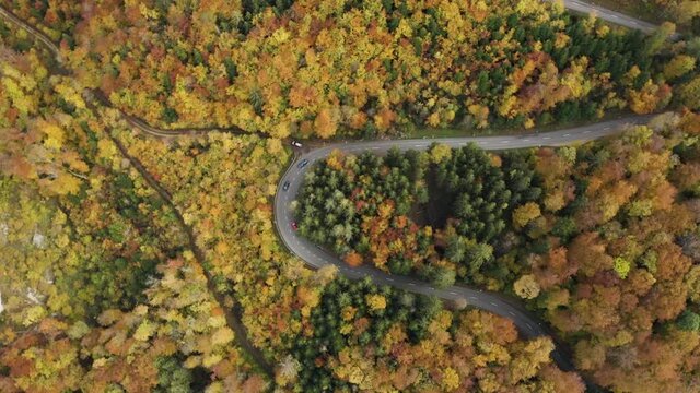 Aerial flies above Car driving over a Mountain Pass during autumn at Gempen, Baselland, Switzerland