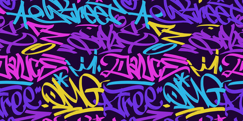 multicolored graffiti background with marker letters, bright colored lettering tags in the style of graffiti street art. Vector illustration seamless pattern