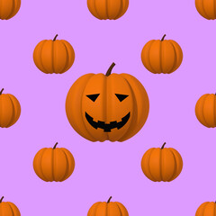 drawing images of pumpkins on a purple background. template for overlaying on the surface. in the center is a large pumpkin with a carved smile. Hellowing symbol. 3d rendering. 3d imag