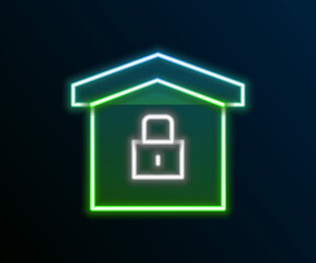 Glowing neon line House under protection icon isolated on black background. Home and lock. Protection, safety, security, protect, defense concept. Colorful outline concept. Vector