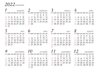 2022　年間カレンダー　背景白ヨコ型