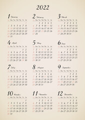 2022　年間カレンダー　レトロ タテ型