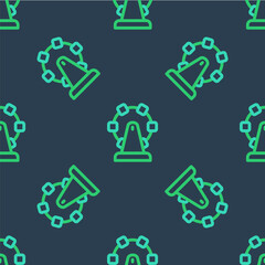 Line Ferris wheel icon isolated seamless pattern on blue background. Amusement park. Childrens entertainment playground, recreation park. Vector