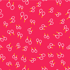 Line Balloons with ribbons icon isolated seamless pattern on red background. Vector