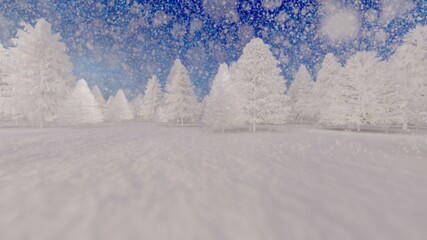 Fototapeta na wymiar Christmas winter background snowflakes falling down on fir-trees bokeh 3d render