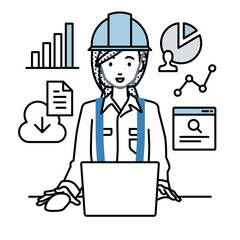 デスクで座ってPCを開いてリサーチしたりデータを分析してレポートにまとめている工事現場の女性