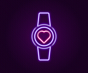 Glowing neon line Smartwatch icon isolated on black background. Colorful outline concept. Vector