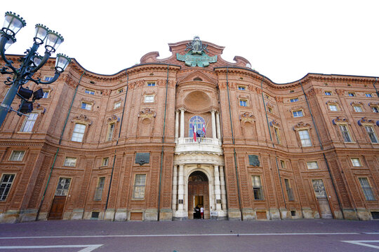TURIN, ITALY - AUGUST 21, 2021: Palazzo Carignano majestic baroque palace of Turin currently seat of National Museum of the Italian Risorgimento
