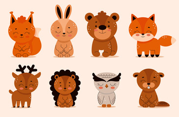 Set of forest animals in cartoon style, hedgehog, bear, hare, fox, beaver, bear, owl. Woodland. Cute vector illustration for kids.