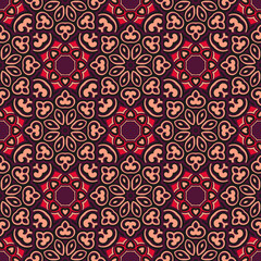 Vector seamless background with flowers. Round pattern. Endless colorful texture with doodle elements. Use for wallpaper, textile, book cover, clothes. In red and violet colors
