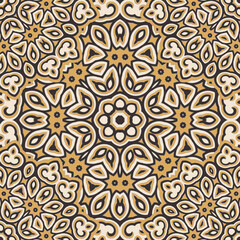 Vector seamless background with flowers. Round pattern. Endless colorful texture with doodle elements. Use for wallpaper, textile, book cover, clothes. In brown and beige colors
