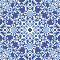 Vector seamless background with flowers. Round pattern. Endless colorful texture with doodle elements. Use for wallpaper, textile, book cover, clothes. In blue and white colors
